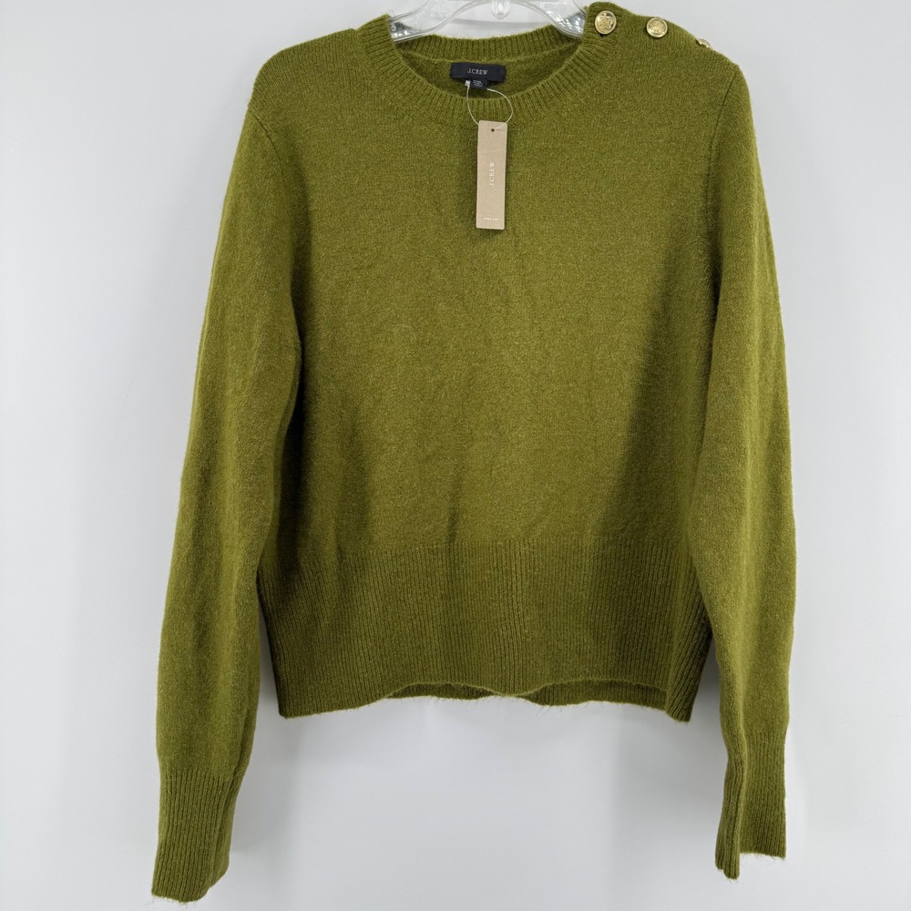 NEW - J.Crew Crewneck Sweater Gold Button Womens XXL Army Green Merino Alpaca